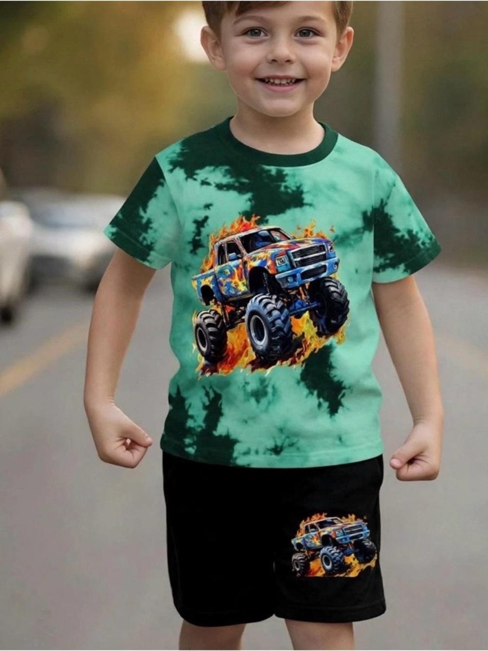 Boys Tie-Dye Green Monster Truck Tee - Unbranded size 3–4